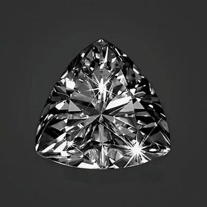 Op de afbeelding: Een heldere, kleurloze edelsteen in een trillion-slijpvorm met een driehoekige vorm. De steen heeft talloze scherpe, geometrische facetten die zorgen voor een hoge mate van schittering en lichtreflectie, wat resulteert in een sprankelend uiterlijk.