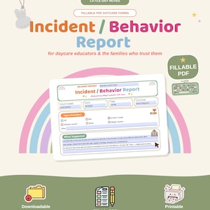 Könnte beinhalten: Ein digitales Vorfall- oder Verhaltensbericht-Formular für Erzieher in Kindertagesstätten. Das Dokument enthält Felder für den Namen des Kindes, Datum, Uhrzeit, Ort und Ankreuzfelder für die Art des Vorfalls sowie ein Regenbogen-Motiv.