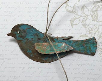 handmade copper bird ornament, copper metal flying bird,patinaed copper , bird decor, primitive feather tree,housewarming, copper birds