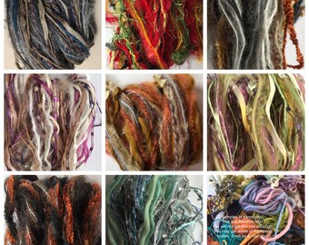 Moss Orange Gold Black Wool Locks Dyed Ribbon Yarn Pack Mixed Media Textile Fiber Crafts Sorcerer/'s Spell Elements 26yd Art Yarn Bundle