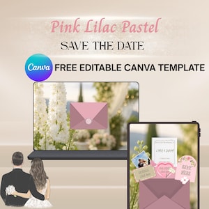 Könnte beinhalten: Eine digitale Save-the-Date-Vorlage in pastellfarbenen Rosa- und Lilatönen. Das Display zeigt einen Laptop- und Tablet-Bildschirm mit Hochzeitsgrafiken, einschließlich Umschlägen, Blumenmotiven und dem Text Pink Lilac Pastel SAVE THE DATE.