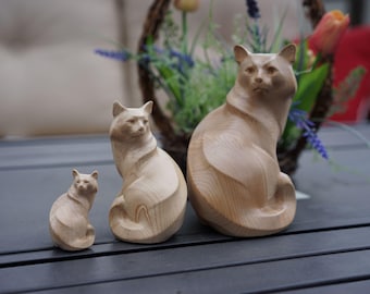 Carved Maple Cat Sculpture: Elegant Hardwood Animal Figurine. Different sizes