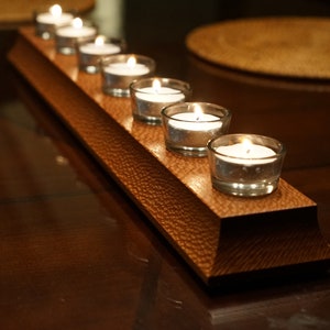 Is Reversible Solid Hardwood Long candle holder Holds 7 tea lights Great Mother\u2019s Day gift. With beautiful curved bevels