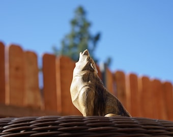 Wooden Howling Wolf Figurine. Wolf Sculpture. Made of African Limba and different hardwoods. For wolf and wildlife lovers.