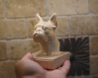 Boston Terrier Figurine or Sculpture. Made of Solid Hard maple and Different hardwoods. Carved from a solid block of hardwood. Bust.