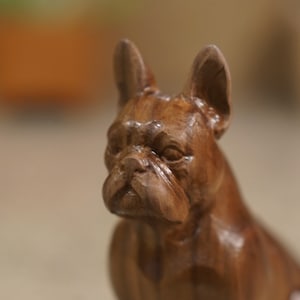 French bulldog Figurine or Sculpture. Made of Solid Walnut and Different hardwoods. Carved from a solid block of hardwood. Sitting pose.