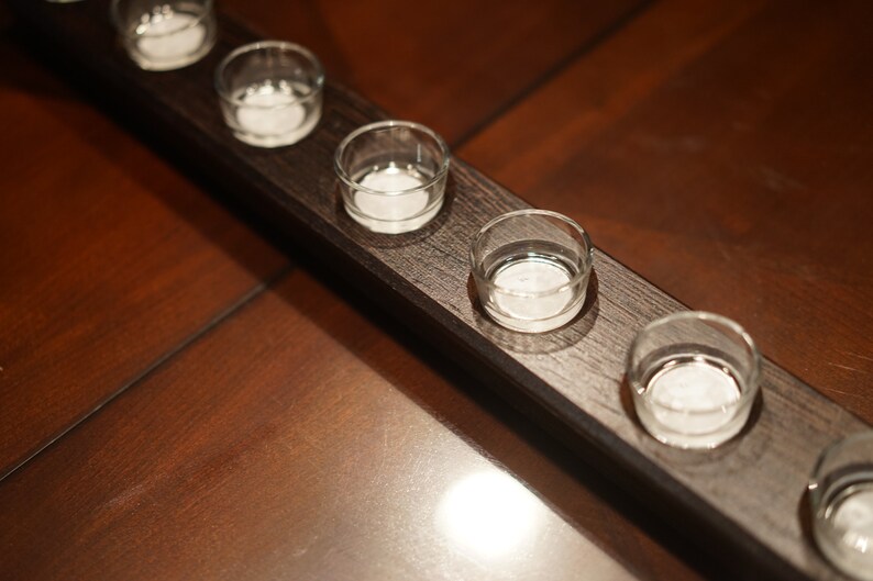 Is Reversible Solid Hardwood Long candle holder Holds 7 tea lights Great Mother\u2019s Day gift. With beautiful curved bevels