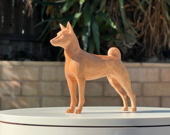 Cherished Basenji Carving in Exquisite Cherry, African Wenge, Walnut, and Maple Hardwood - Handcrafted Pet Remembrance.