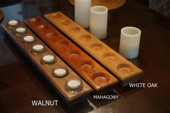 Is Reversible Solid Hardwood Long candle holder Holds 7 tea lights Great Mother\u2019s Day gift. With beautiful curved bevels