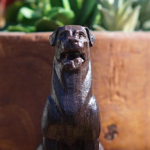 May include: A dark brown, carved wooden dog statue with a detailed, textured surface. The dog is in a seated position with its mouth slightly open. The background is blurred, featuring a wooden planter and greenery.