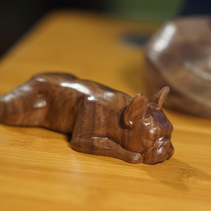 French bulldog Figurine or Sculpture. Made of Solid Walnut and Different hardwoods. Carved from a solid block of hardwood.