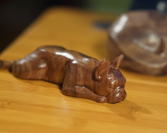 French bulldog Figurine or Sculpture. Made of Solid Walnut and Different hardwoods. Carved from a solid block of hardwood.