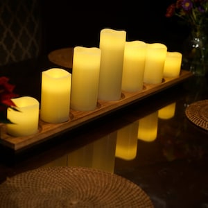 Long wooden candle holder . Holds 7 pillar Candles. Can be used as a candelabra centerpiece or wedding centerpiece. Flame less candles. image 2