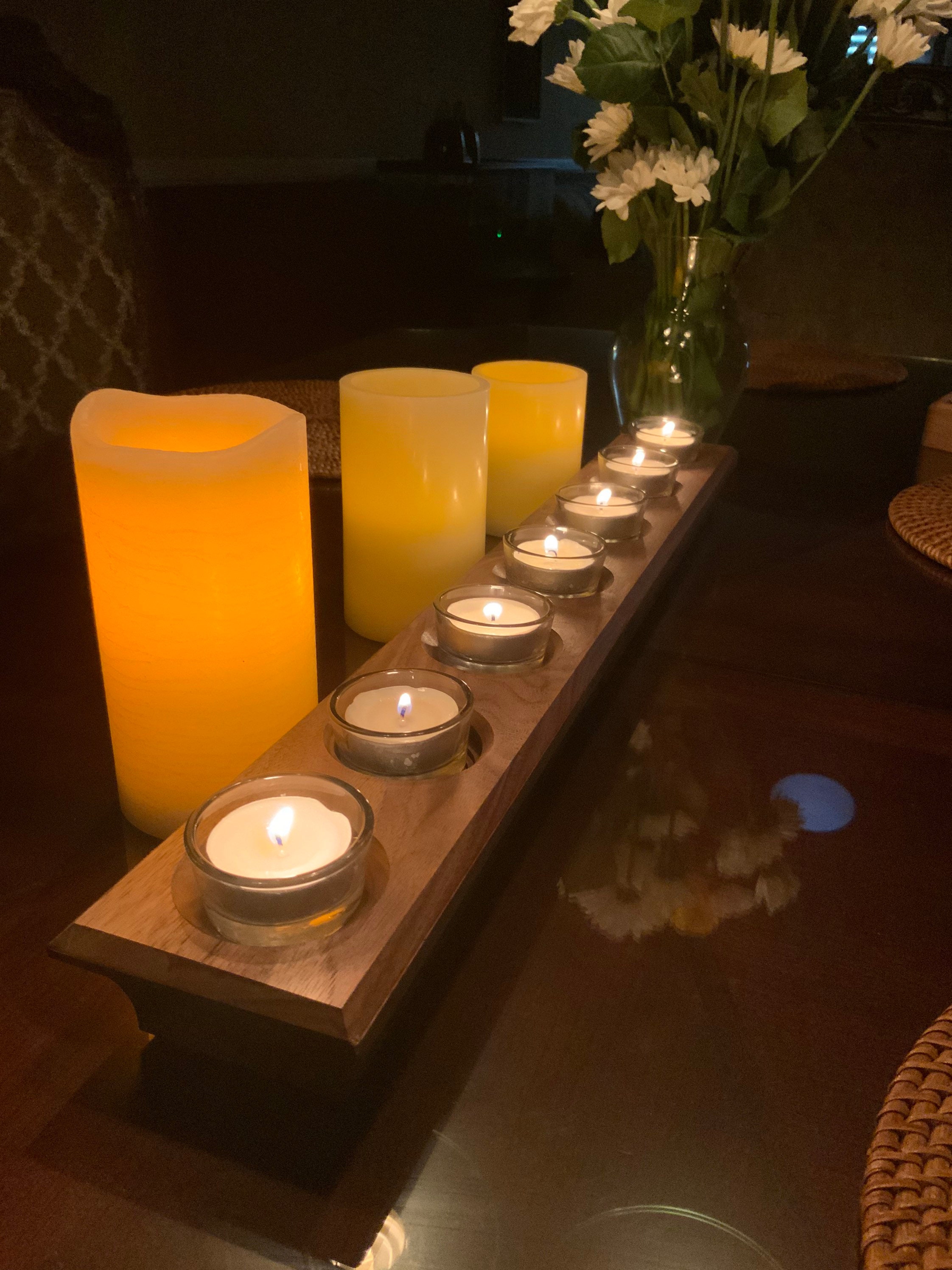 Is Reversible Solid Hardwood Long candle holder Holds 7 tea lights Great Mother\u2019s Day gift. With beautiful curved bevels