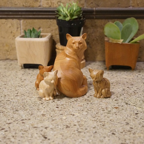 Cherry Wood Cat Figurine Set, Mother and Kittens
