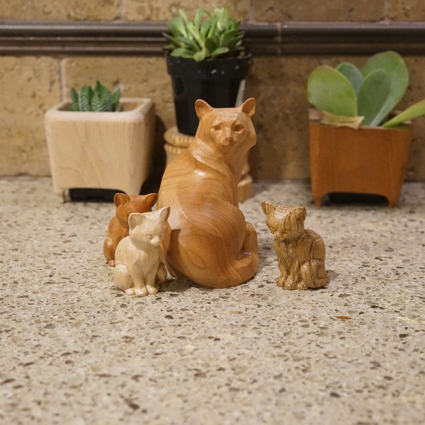 Mother and kittens set. Celebrating being a mother. Made of Cherry and different hardwoods. Wooden Cat Figurine