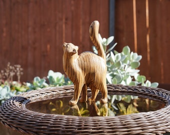 Hand Carved Zebra Wood Cat Figurine - Elegant Sculpture (9 inch)