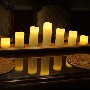 Long wooden candle holder . Holds 7 pillar Candles. Can be used as a candelabra centerpiece or wedding centerpiece. Flame less candles. image 1