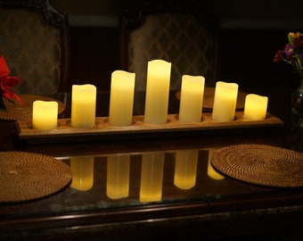 Long Walnut Candle Holder, 7-Pillar Candelabra Centerpiece