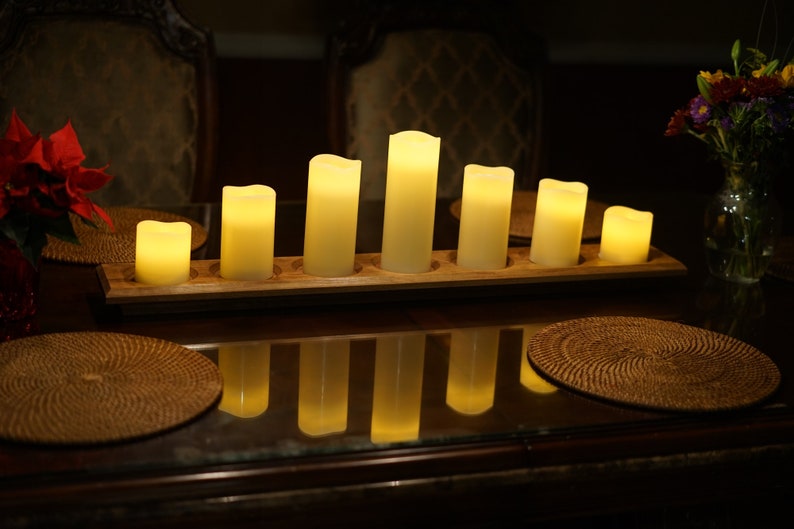 Long wooden candle holder . Holds 7 pillar Candles. Can be used as a candelabra centerpiece or wedding centerpiece. Flame less candles. image 1