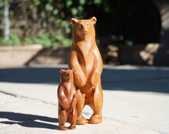 Mahogany Standing Bear Sculpture: Carved Wooden Animal Figurine