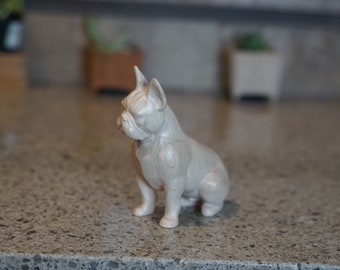 French bulldog Figurine or Sculpture. Made of Solid Walnut and Different hardwoods. Carved from a solid block of hardwood. Sitting pose.