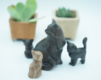 Mother and kittens set. Celebrating being a mother. Made of Wenge and different hardwoods. Wooden Cat Figurine