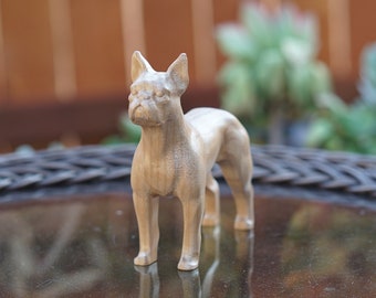 Miniature Boston Terrier Figurine or Sculpture. Made of Solid Hard Mple and Different hardwoods. Carved from a solid block of hardwood.
