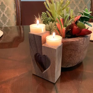 Heart Candle Holder decoration. 3 layers of hearts are cut into solid wood. Personalized Engraving.Great for romantic setting and Valentines