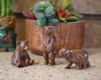Baby Bear Family. Statue or figurine. Carved from a solid block of Walnut. Set of 3 sculptures.