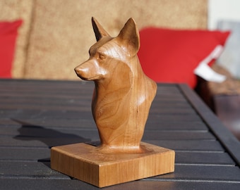 Carved Pembroke Welsh corgi Bust Sculpture: Wenge or Cherry Wood Memorial for Dog Lovers & Pet Remembrance