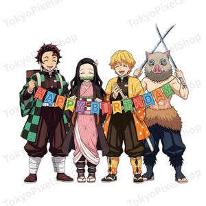 May include: A colorful illustration of four anime characters standing side by side, holding a banner that reads HAPPY BIRTHDAY. The characters wear distinct outfits including a green checkered haori, a pink kimono, a yellow patterned haori, and a boar mask.
