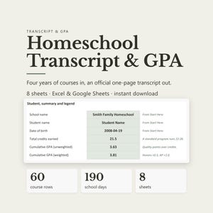 Homeschool Transcript Template with GPA Calculator, Editable High School Records, Excel Google Sheets