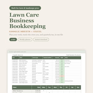 Hoja de cálculo para contabilidad de negocios de cuidado de césped, planificador de rutas semanales, seguimiento de facturas impagas, registro de impuestos por kilometraje, Google Sheets Excel, paisajismo