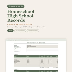 Homeschool Transcript Template, Homeschool Record Keeping, Homeschool Gradebook, GPA Calculator High School, Weighted Credits, Google Sheets