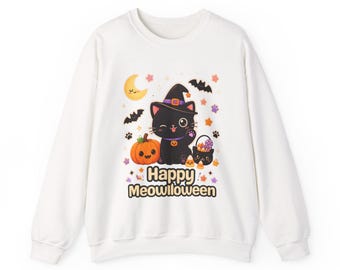 Happy Meowlloween Cat sweatshirt | Halloween black cat pumpkin bats