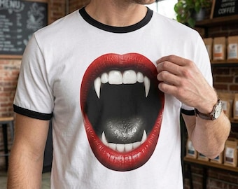 Vampire Fangs Red Lips T-Shirt | Gothic Halloween Ringer Tee