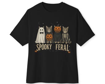 Spooky Feral Cats Halloween Tee | Vintage Style Pumpkin Ghost Skeleton Cats Shirt