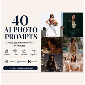 May include: A digital product listing titled 40 AI PHOTO PROMPTS Create Stunning Portraits in Minutes. It features icons for Birthday, Luxury, Editorial, and Paparazzi, logos for ChatGPT, Gemini, and Higgsfield, and six sample portrait photos.