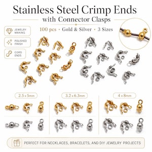 Puede incluir: Un juego de 100 terminales de acero inoxidable con cierres conectores en tonos oro y plata. Los componentes se muestran en tres tamaños: 2,5 x 5 mm, 3,2 x 6,3 mm y 4 x 8 mm, con un acabado pulido para proyectos de fabricación de joyería.