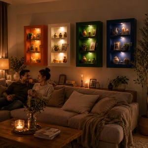 Puede incluir: Cuatro vitrinas rectangulares de pared en naranja, blanco, verde y azul oscuro, cada una con tres estantes interiores iluminados por luz integrada y llenos de varios objetos decorativos, incluyendo pequeños jarrones y fotos enmarcadas.