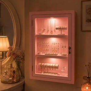Op de afbeelding: Een roze wandkast voor sieraden met een glazen deur en binnenverlichting. De kast heeft drie planken met diverse kettingen, oorbellen en armbanden die worden gepresenteerd op standaards, houders en kleine witte dienbladen.