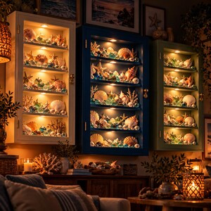 May include: Three wall-mounted display cabinets in white, dark blue, and sage green, each featuring four illuminated shelves filled with various seashells, starfish, and small glass decorative spheres arranged in a coastal collection.