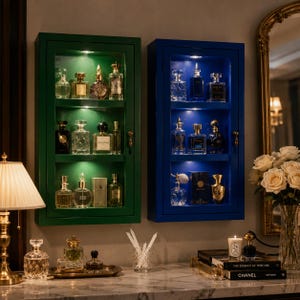 May include: Two rectangular wall-mounted display cabinets, one green and one blue, each featuring three interior shelves illuminated by integrated lighting. The cabinets contain various glass perfume bottles of different shapes and sizes.