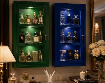 Perfume Display Cabinet • Cordless LED Wall Shelf for Bottles, Oils, Samples and Vanity Decor
