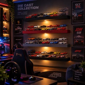 May include: A wall-mounted display featuring four horizontal shelves holding numerous miniature die-cast model cars in clear acrylic cases. The shelves are illuminated by integrated lighting, and the wall displays posters with automotive themes and the text DIE CAST COLLECTION SMALL CARS BIG STORIES.