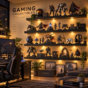 May include: A wall-mounted shelving unit displaying various gaming collectibles, including action figures, helmets, and controllers. The wall features the text GAMING COLLECTIBLES, PLAY COLLECT DISPLAY BELONG, and GAMES FIGURES WORLDS BIGGER AT HOME. Warm lighting illuminates the shelves.