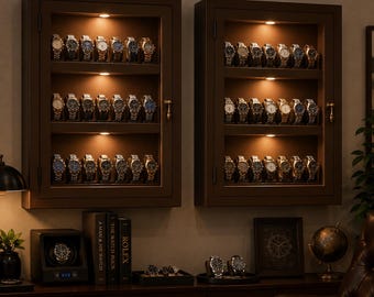 Watch Display Cabinet • Cordless Lighted Wall Mounted Case for Wristwatches, Collectors and Organized Storage