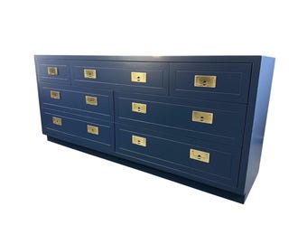 Vintage Henredon Campaign Style Dresser Refinished In Navy