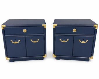 Pair of Vintage Drexel Accolade Campaign Nightstands Refinished Navy